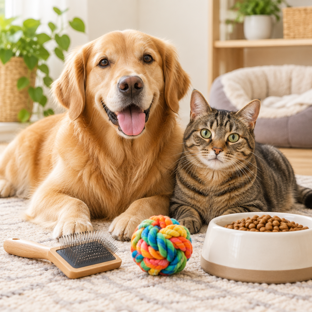 Friendly dog and tabby cat with a grooming brush, toy, and food bowl