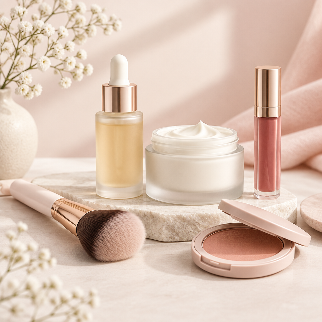 Skincare serum and moisturizer, makeup brush, blush compact, and lip color on a soft blush background