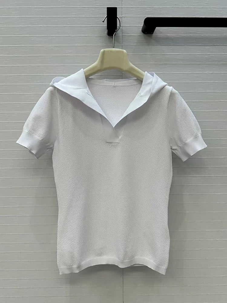 Women's t-shirt New elastic knitted short sleeved top for autumn 2025 Hooded slim fit V-neck pullover Women's corset y2k hoodie