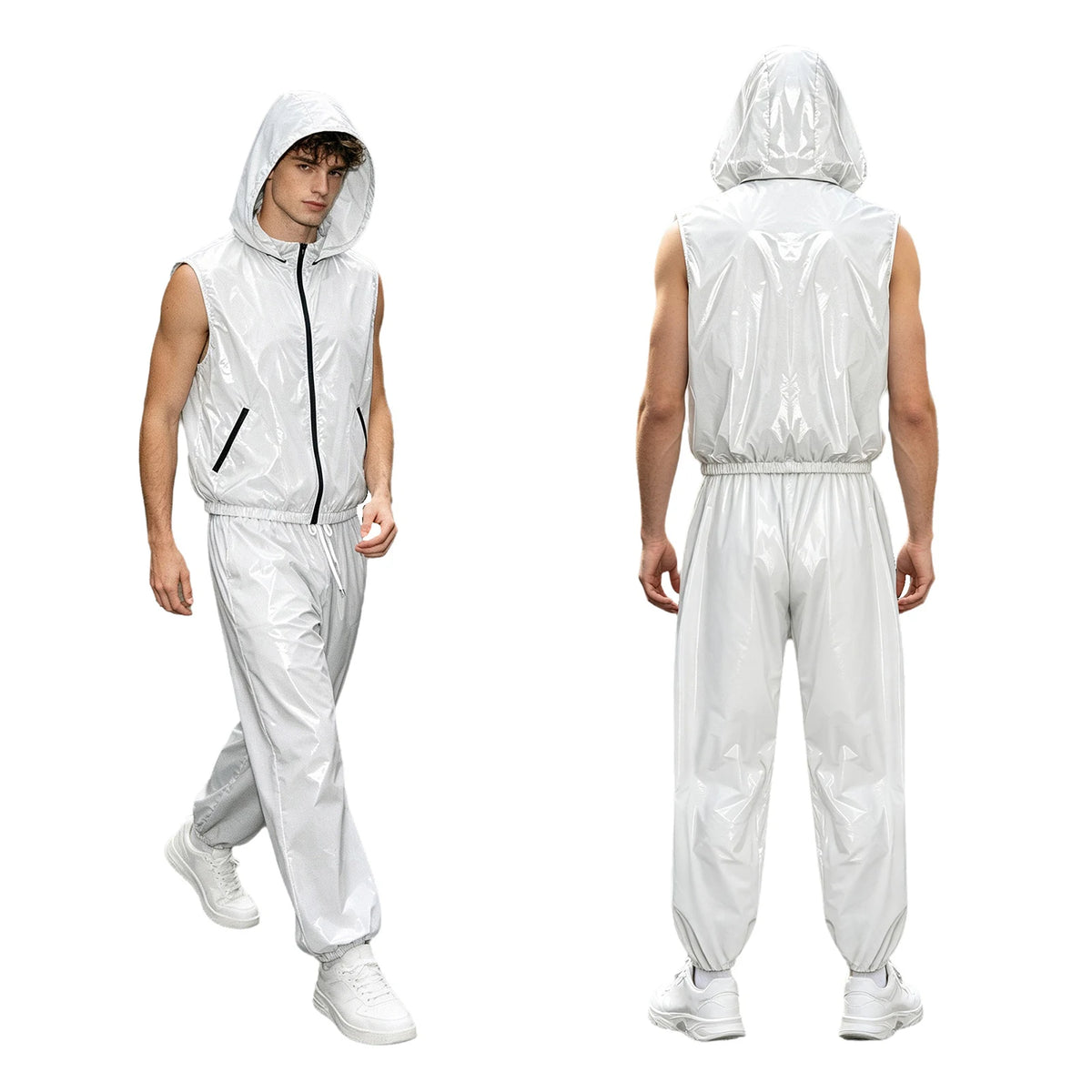 Men Waterproof Outfit Raincoat Windbreaker Sauna Suit Jacket Tops with Pants for Hip Hop Dance Sports Cycling Simmwear Clubwear