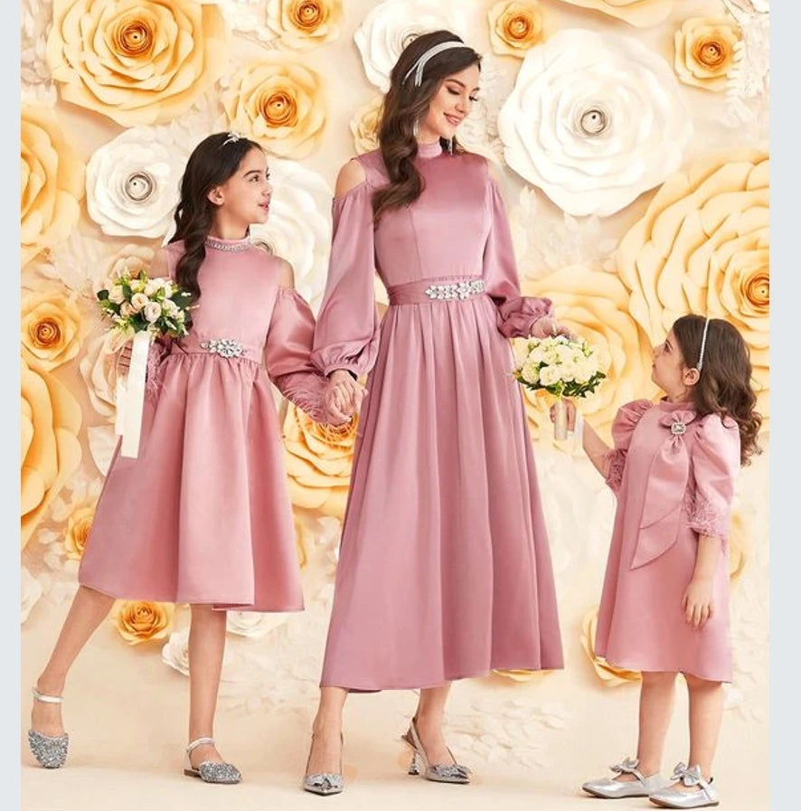 Mother and Daughter Dress Tween Girls' Halter Neckline Feather Embellished Shoulder Baring Dress With Rhinestone Detailingd
