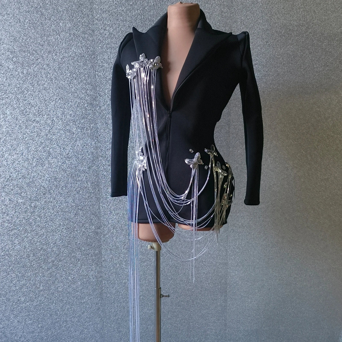 Fashion Black Suit Mirror Dress Women Long Sleeve Birthday Party Prom Stage Dance Performance Outfits Club Drag Queen Costume