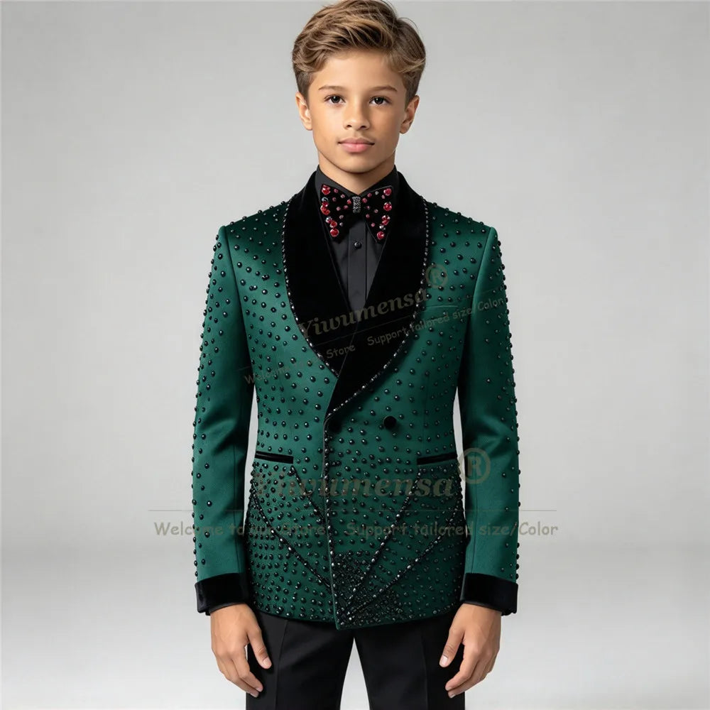 Luxury Boy's Suit For Wedding Black Stones Velvet Lapel Children Tuxedo Birthday Party Attire Customized 2 Piece Sets Kids Dress