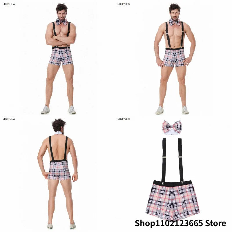 Men's Bar Nightclub Sexy Waiter Uniform Adult Underwear Bow Plaid Suspenders Party Cosplay Costume Halloween Suspenders 2026