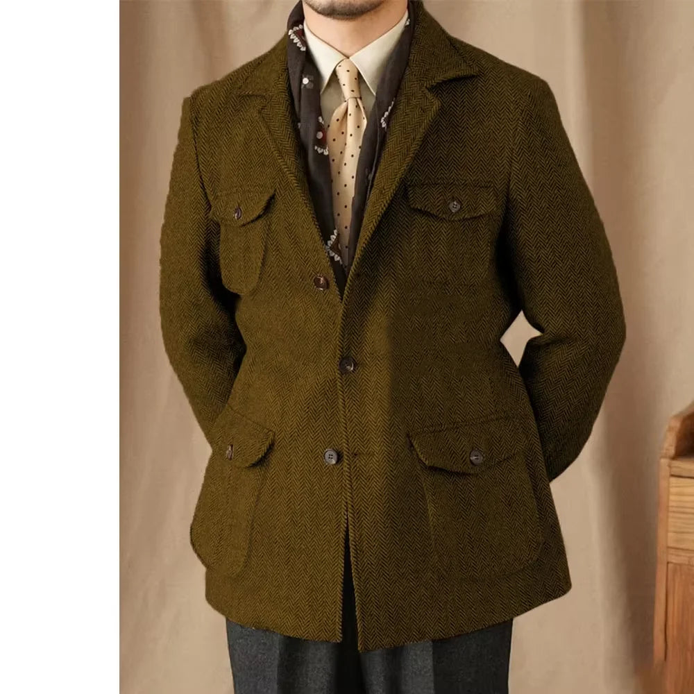 Men's Suits Vintage Herringbone Tweed Blazer British Wool Blend Double Breasted Lightweight Casual Sport Coat Formal Jacket