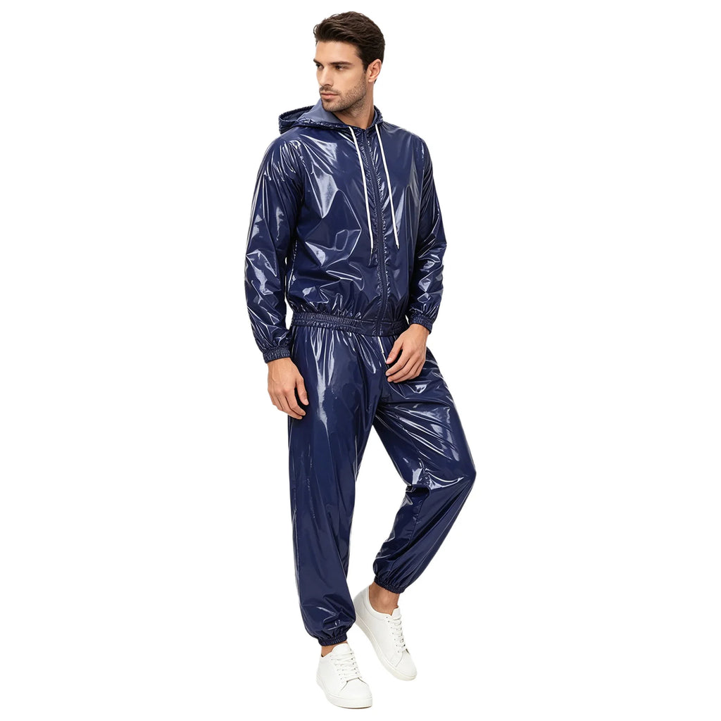 Men Waterproof Outfit Raincoat Windbreaker Sauna Suit Jacket Tops with Pants for Hip Hop Dance Sports Cycling Simmwear Clubwear