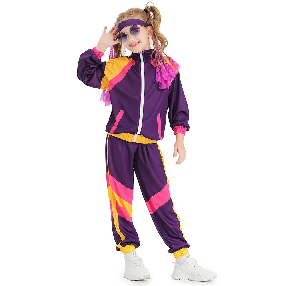 Kids 80s 90s Retro Tracksuit Color Block Street Style Jacket+Pants Set Boys Girls Hip Hop Disco Party Costume Streetwear Outfit