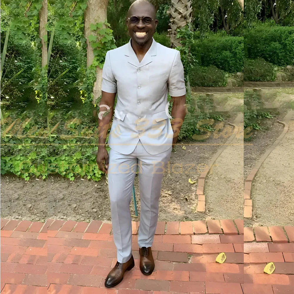 Fashion Summer Short Sleeve Men's Suits Outfits High Quality Single Breasted Notch Lapel Slim Fit 2 Piece Jacket Pants Blazer