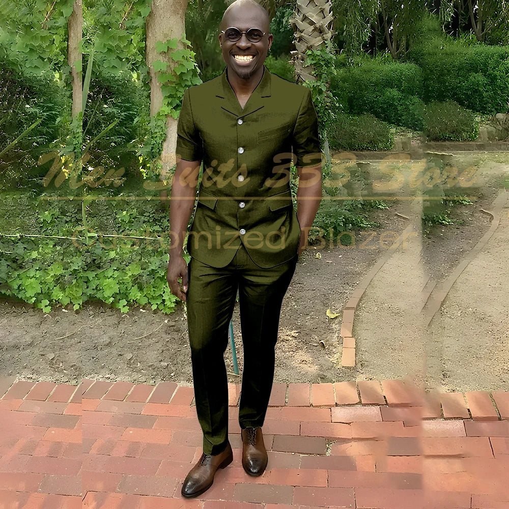 Fashion Summer Short Sleeve Men's Suits Outfits High Quality Single Breasted Notch Lapel Slim Fit 2 Piece Jacket Pants Blazer