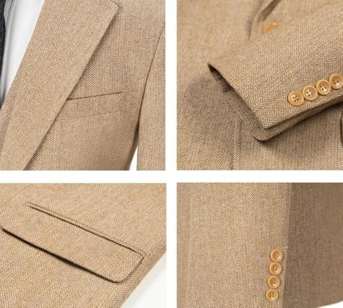 Mens Suits  3 Piece  Herringbone Tweed Wool Double Breasted Vest  Slim Fit Suit Prom Tuxedos Groomsmen For Wedding(Blazer+Vest