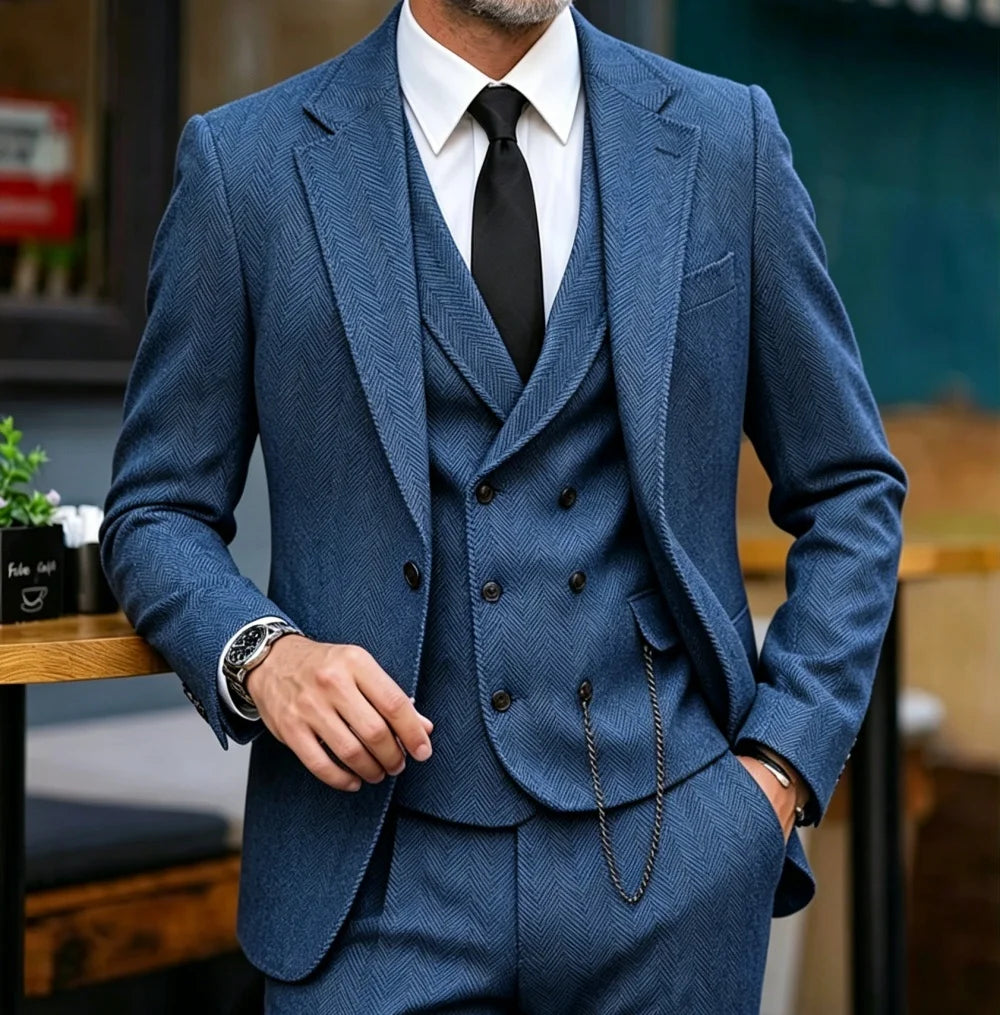 Mens Suits  3 Piece  Herringbone Tweed Wool Double Breasted Vest  Slim Fit Suit Prom Tuxedos Groomsmen For Wedding(Blazer+Vest