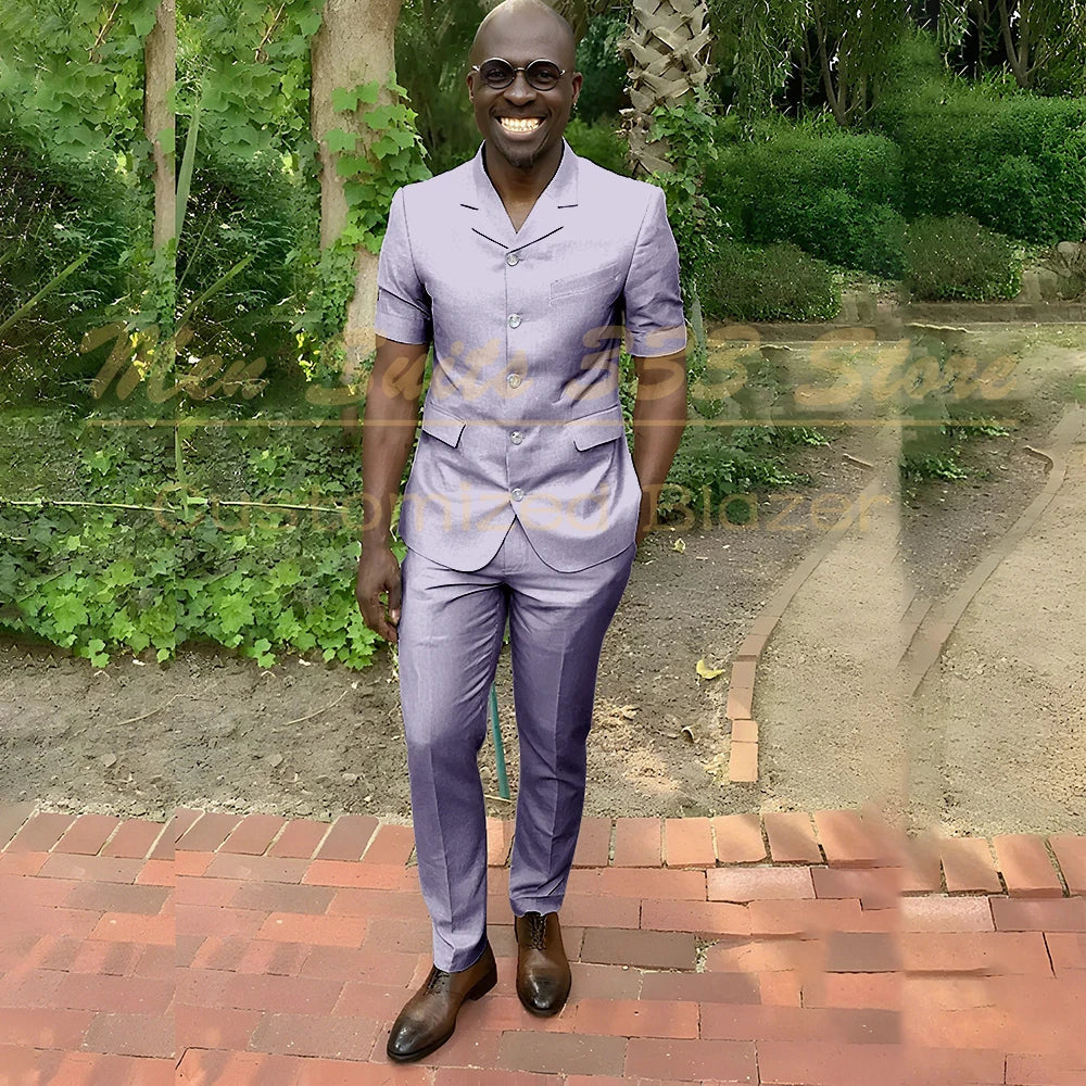 Fashion Summer Short Sleeve Men's Suits Outfits High Quality Single Breasted Notch Lapel Slim Fit 2 Piece Jacket Pants Blazer