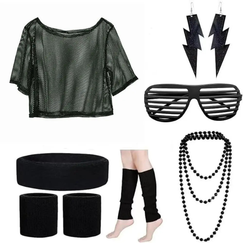 Disco Accessory Set 80S Fashion Accessories Fishnet Top Earrings Necklace Glasses Carnival Party Christmas Halloween Accessories