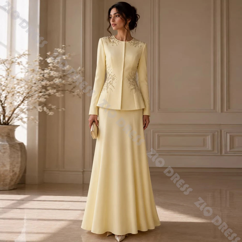 Women's Formal Evening Dresses O-Neck Full Sleeves Beading A Line Floor Length Prom Gowns Customized Wedding Guest Party Dresses