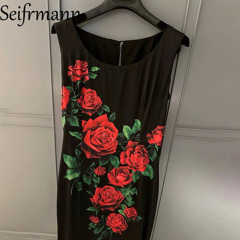 Seifrmann Casual printed silk vest dress round neck sleeveless waist mid-length dress 2026 autumn women's new style