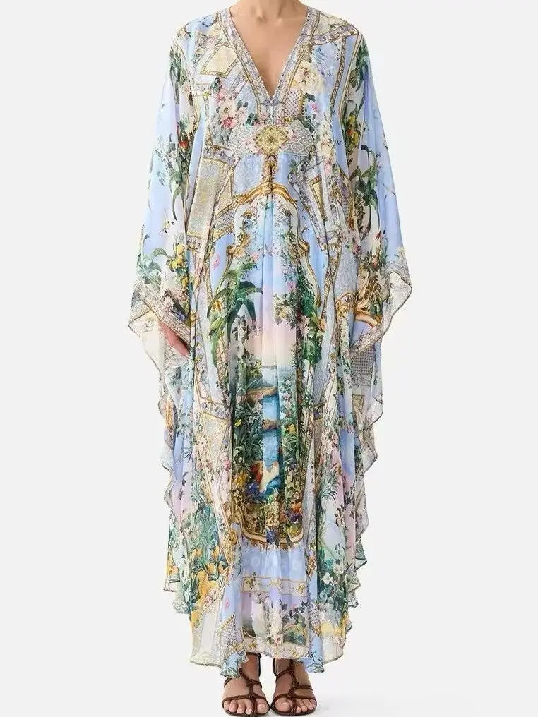 Floral Print Blue Robe for Women Heavy Beaded V-Neck Lace-up High Waist Batwing Sleeve Holiday Style Long Dress
