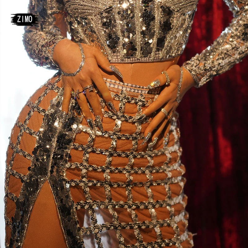 fashion Silver Sequins top and skirt 2 piece Outfits Sets Party birthday mesh See-through Sexy club DS Stage Performance Clothes