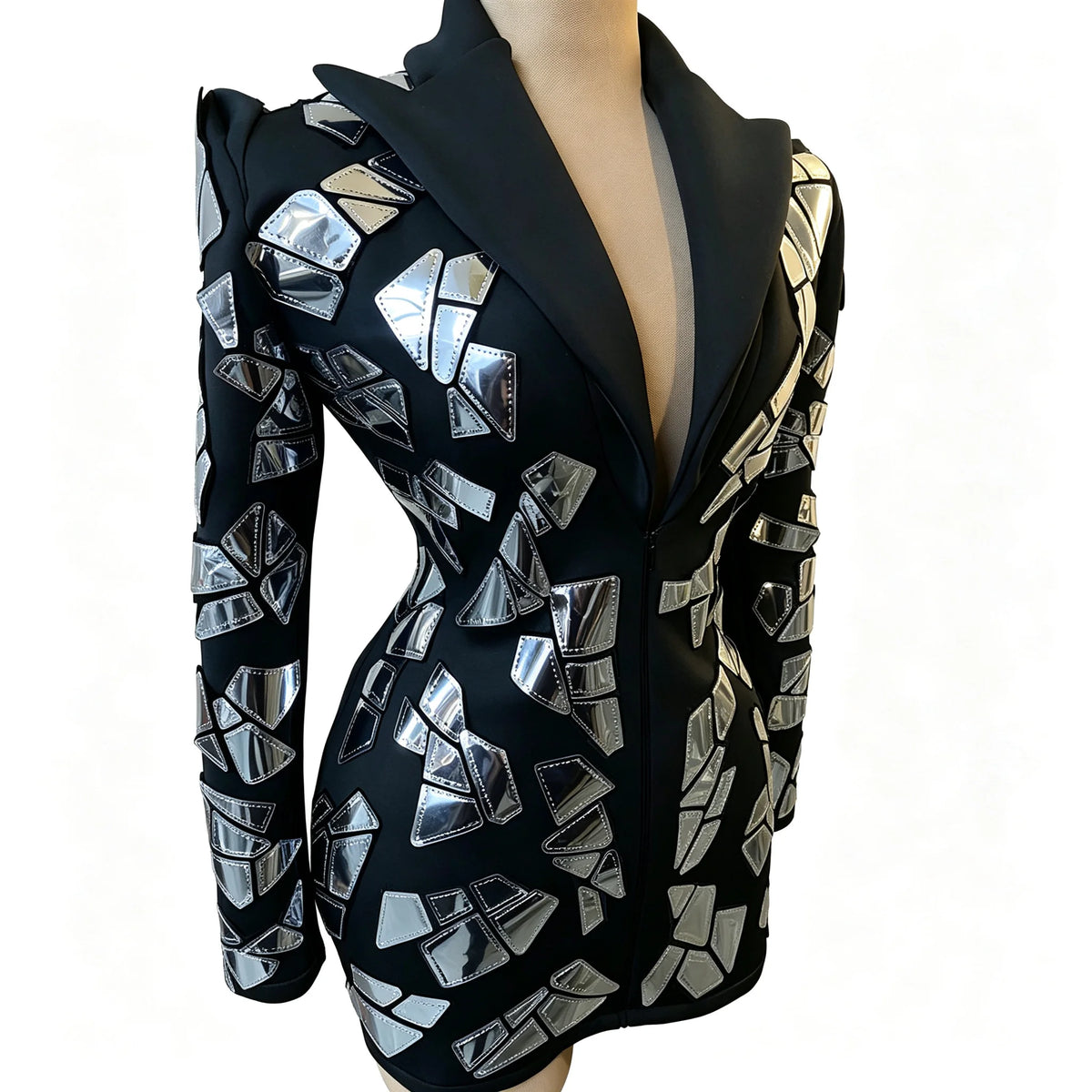 Fashion Black Suit Mirror Dress Women Long Sleeve Birthday Party Prom Stage Dance Performance Outfits Club Drag Queen Costume