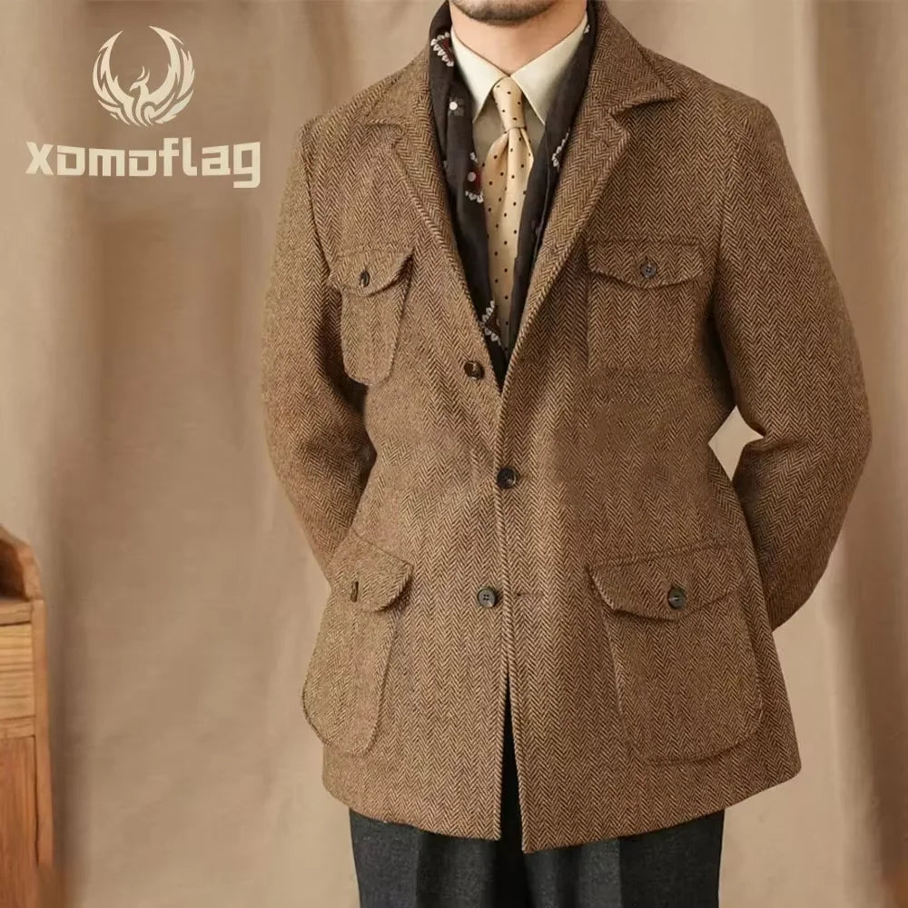 Men's Suits Vintage Herringbone Tweed Blazer British Wool Blend Double Breasted Lightweight Casual Sport Coat Formal Jacket