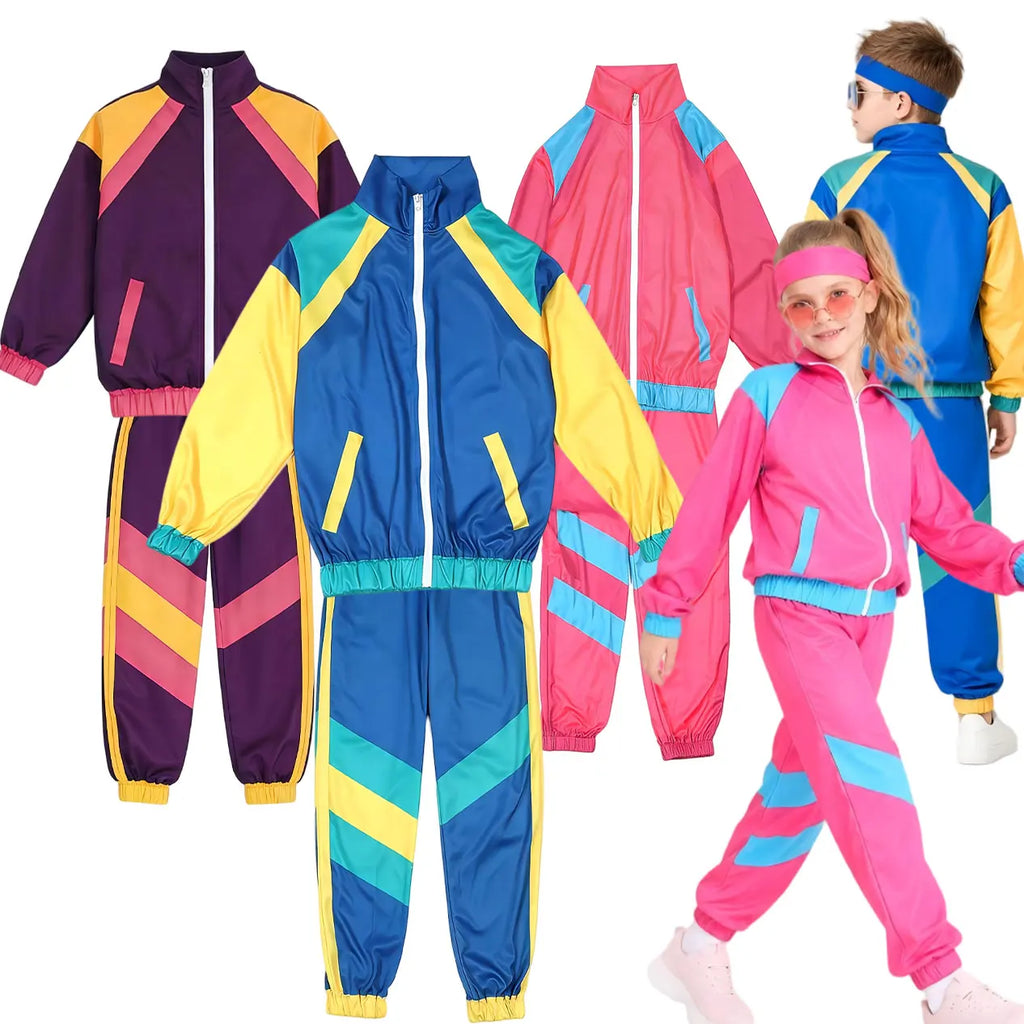 Kids 80s 90s Retro Tracksuit Color Block Street Style Jacket+Pants Set Boys Girls Hip Hop Disco Party Costume Streetwear Outfit
