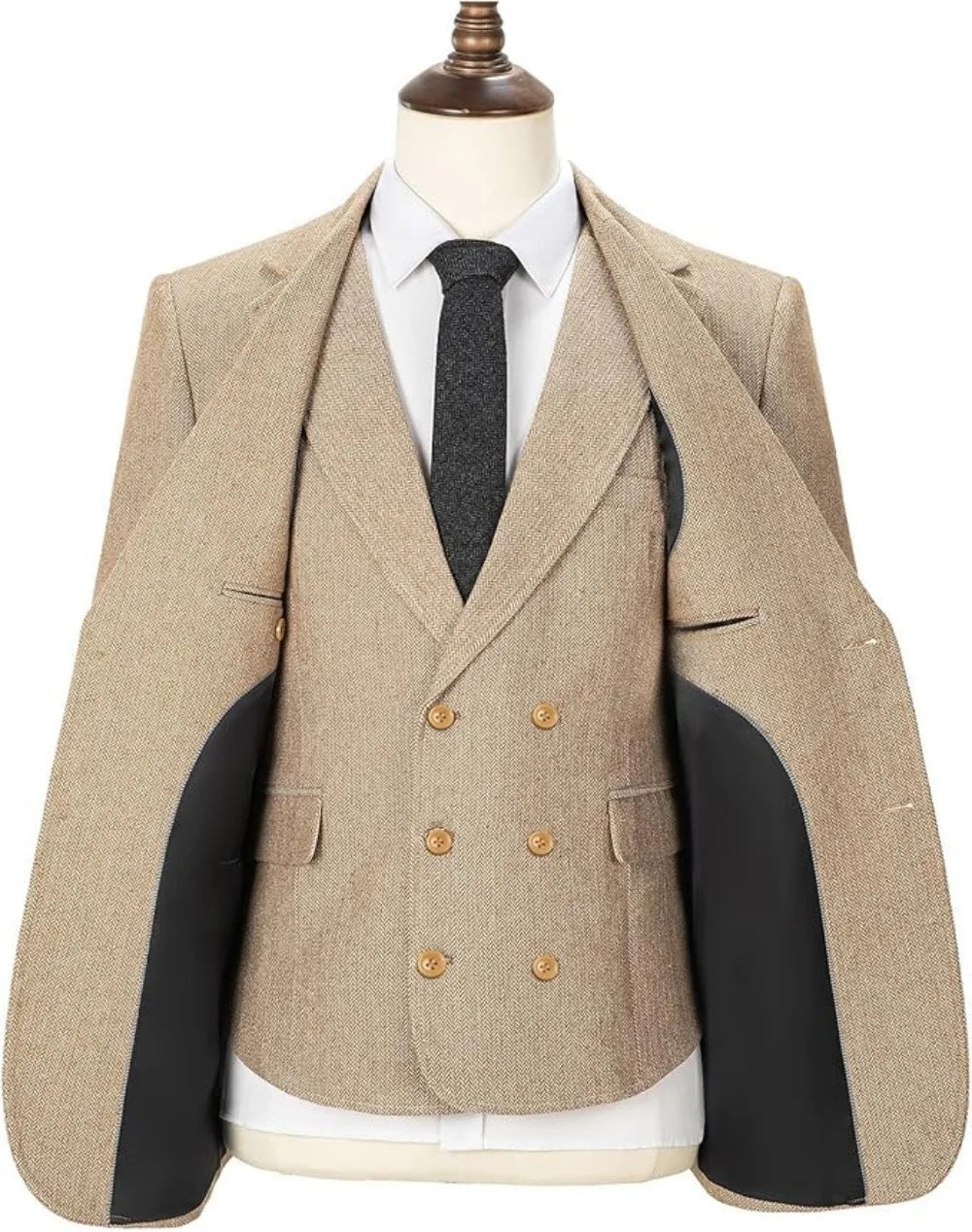 Mens Suits  3 Piece  Herringbone Tweed Wool Double Breasted Vest  Slim Fit Suit Prom Tuxedos Groomsmen For Wedding(Blazer+Vest
