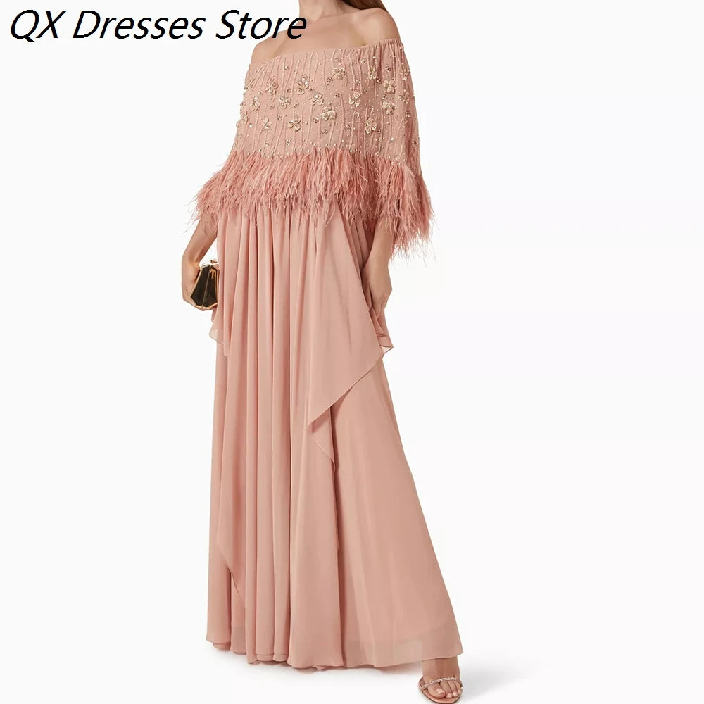 Women's A-line Evening Dresses Floor-length Off The Shoulder Sleeveless Prom Dresses Fashion Flowers Feathers Customized Gowns