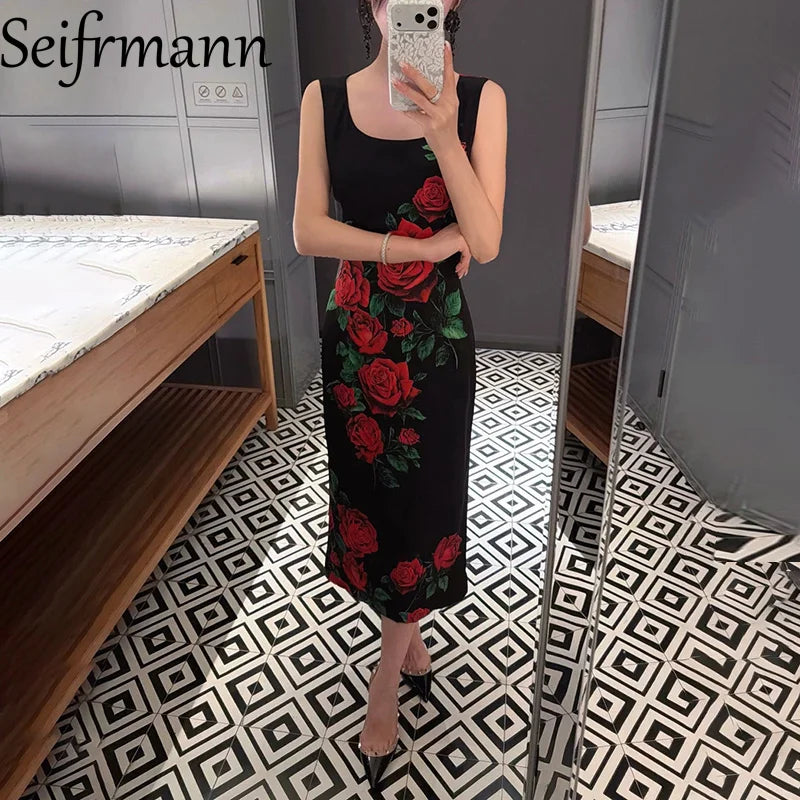 Seifrmann Casual printed silk vest dress round neck sleeveless waist mid-length dress 2026 autumn women's new style