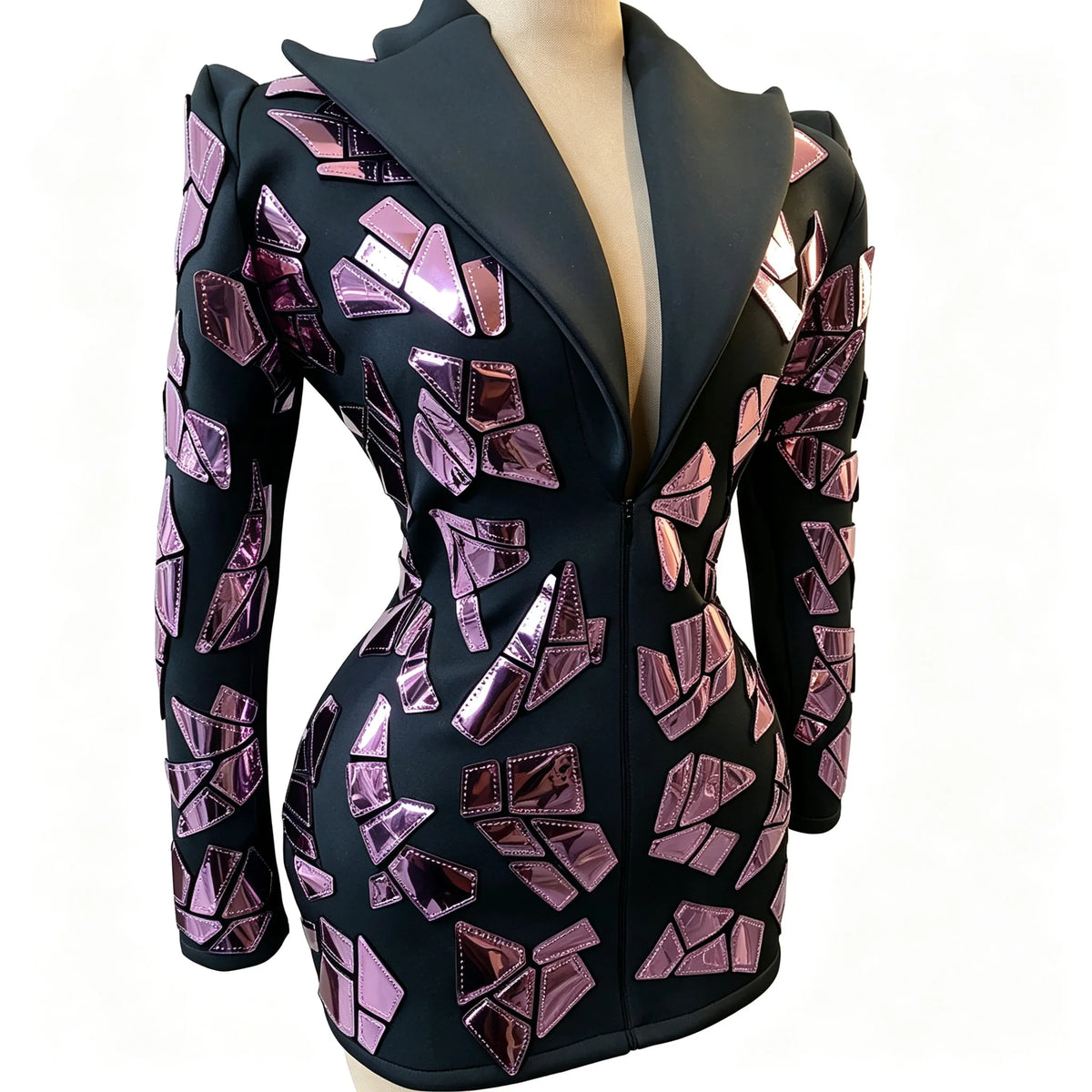 Fashion Black Suit Mirror Dress Women Long Sleeve Birthday Party Prom Stage Dance Performance Outfits Club Drag Queen Costume