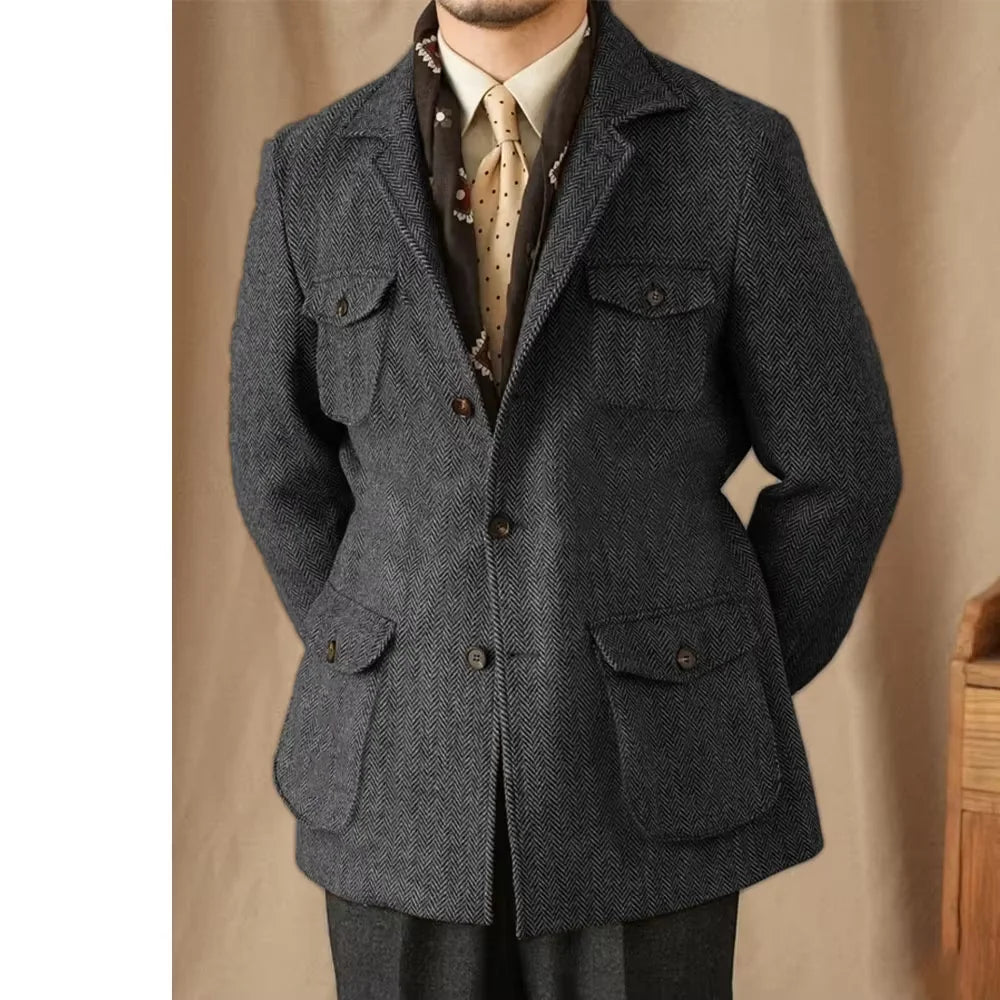 Men's Suits Vintage Herringbone Tweed Blazer British Wool Blend Double Breasted Lightweight Casual Sport Coat Formal Jacket