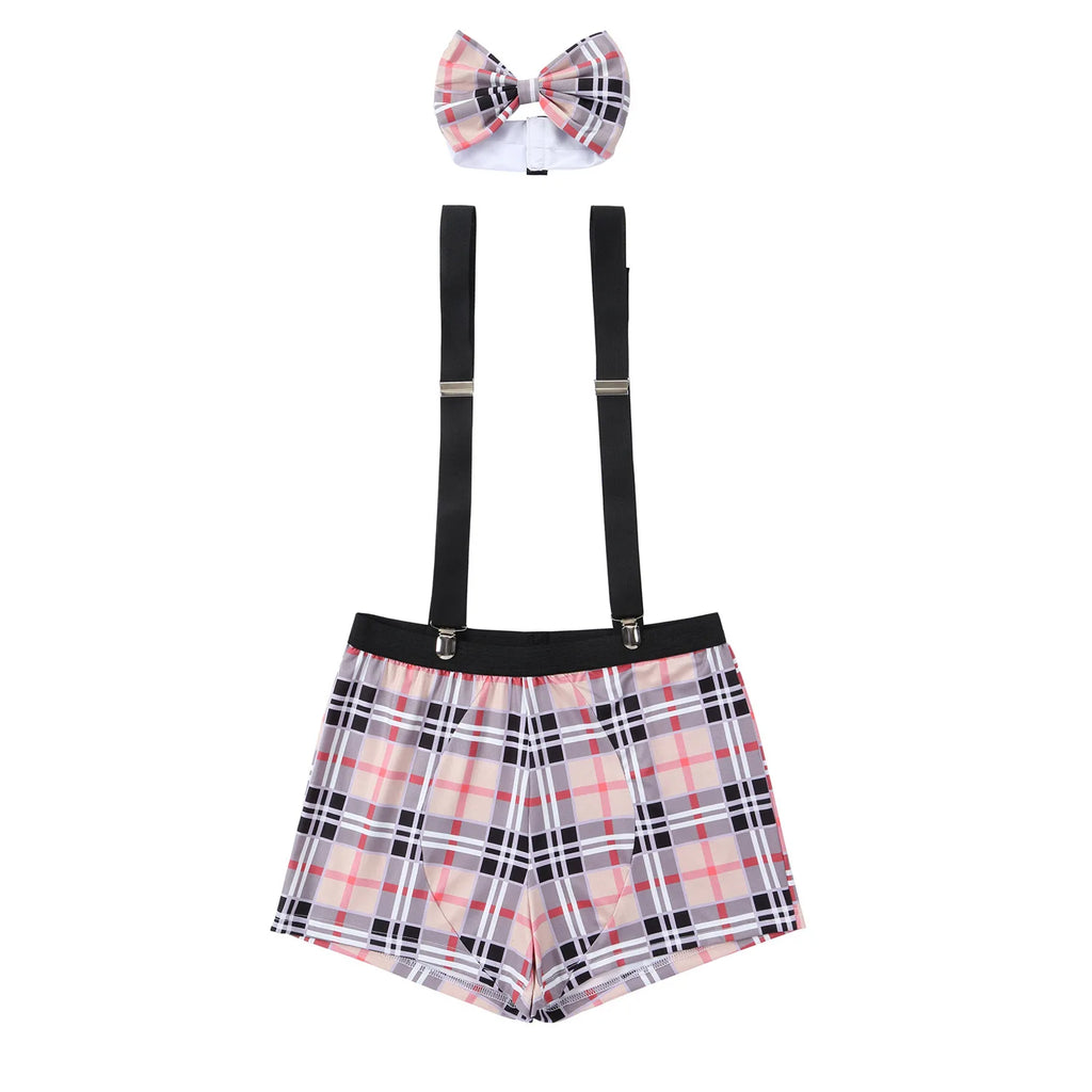 Men's Bar Nightclub Sexy Waiter Uniform Adult Underwear Bow Plaid Suspenders Party Cosplay Costume Halloween Suspenders 2026