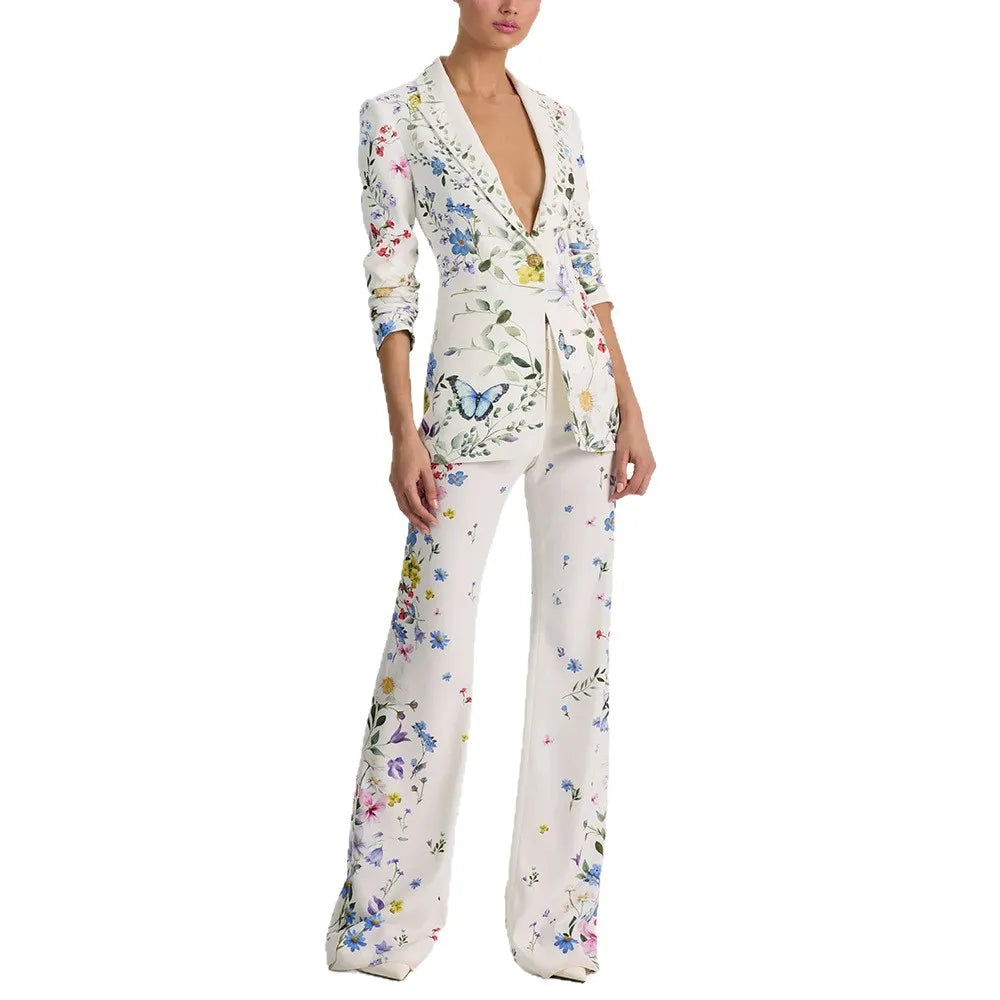 2026 New Fashionable White Digital Print Suit Jacket and Trousers Set - Casual Two-Piece Set