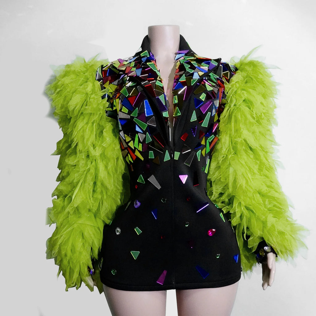 Fashion Black Suit Mirror Dress Women Long Sleeve Birthday Party Prom Stage Dance Performance Outfits Club Drag Queen Costume