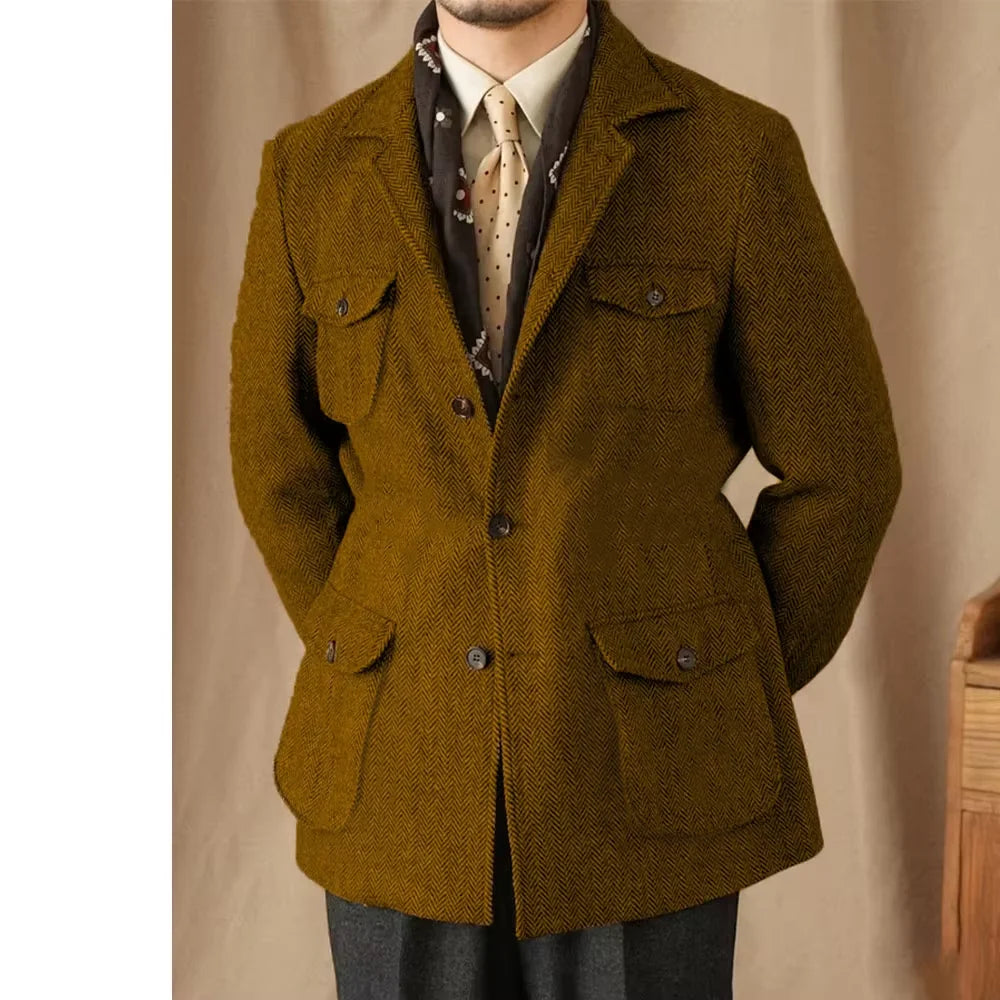 Men's Suits Vintage Herringbone Tweed Blazer British Wool Blend Double Breasted Lightweight Casual Sport Coat Formal Jacket