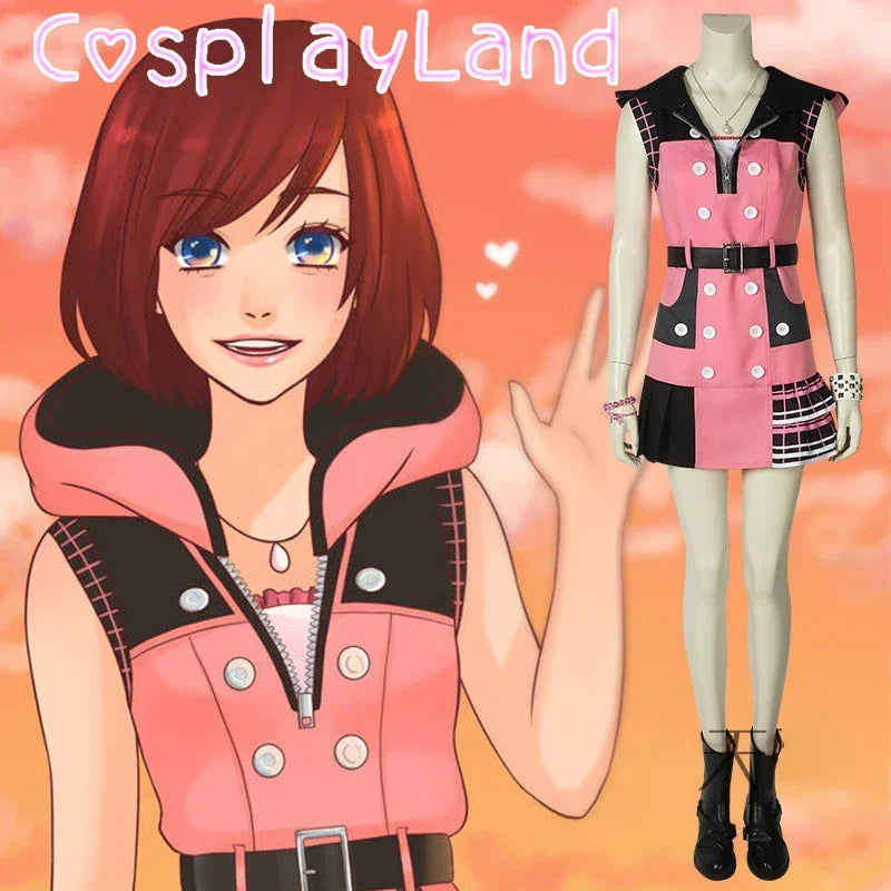Kingdom Hearts 3 Kairi Cosplay Costume Pink Dress Outfit Combat Women Halloween Carnival Daily Adult Suit Jumpsuit Shoes