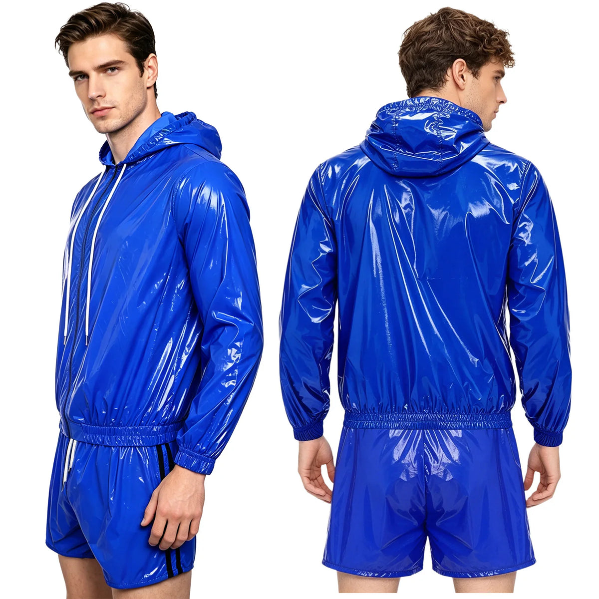 Men Waterproof Outfit Raincoat Windbreaker Sauna Suit Jacket Tops with Pants for Hip Hop Dance Sports Cycling Simmwear Clubwear