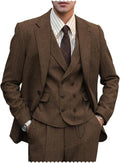 Mens Suits  3 Piece  Herringbone Tweed Wool Double Breasted Vest  Slim Fit Suit Prom Tuxedos Groomsmen For Wedding(Blazer+Vest