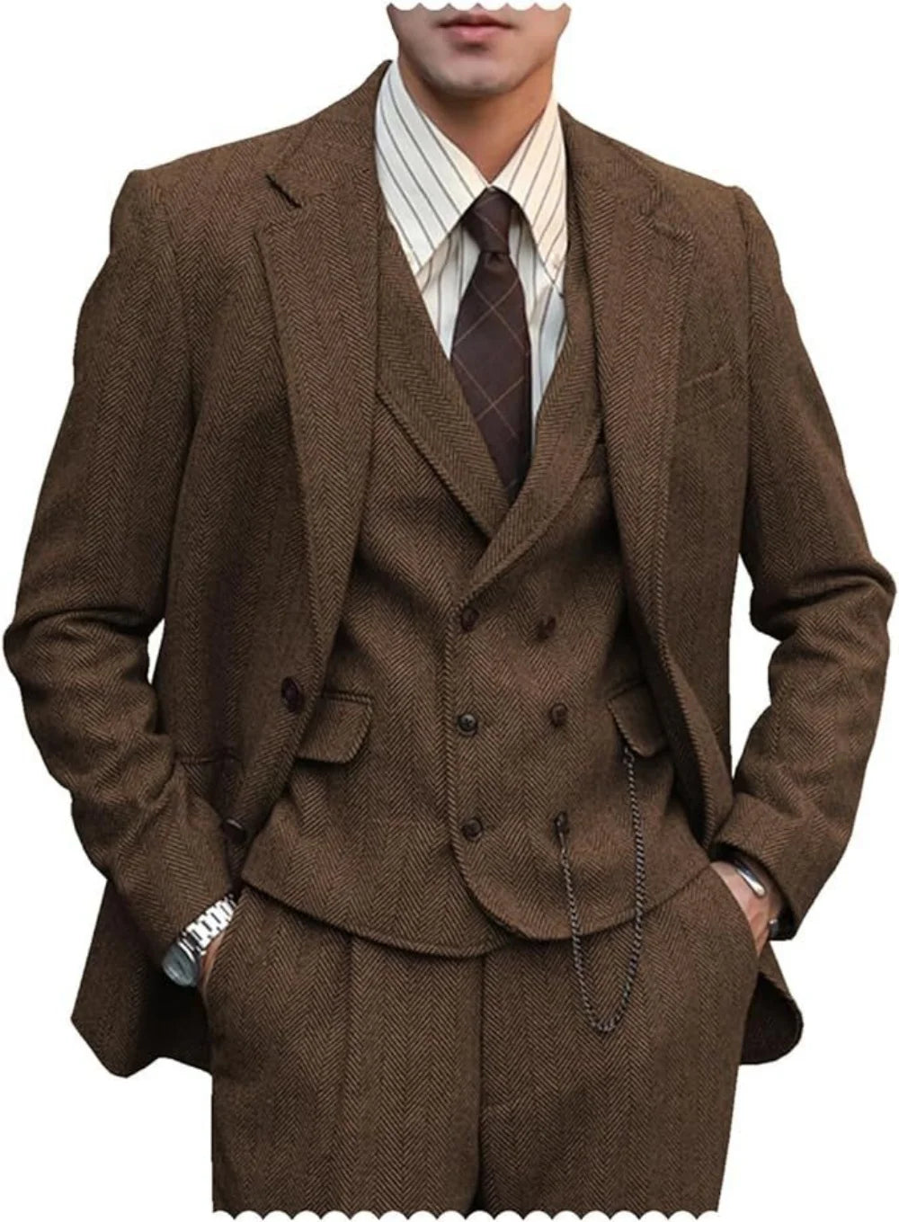 Mens Suits  3 Piece  Herringbone Tweed Wool Double Breasted Vest  Slim Fit Suit Prom Tuxedos Groomsmen For Wedding(Blazer+Vest