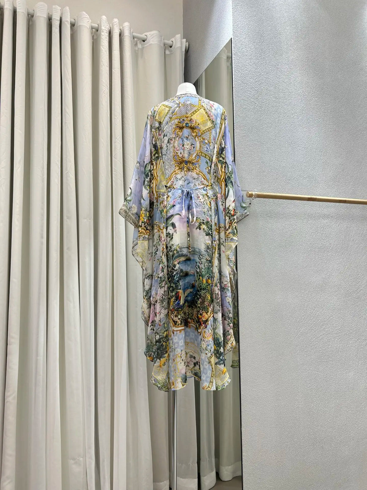 Floral Print Blue Robe for Women Heavy Beaded V-Neck Lace-up High Waist Batwing Sleeve Holiday Style Long Dress