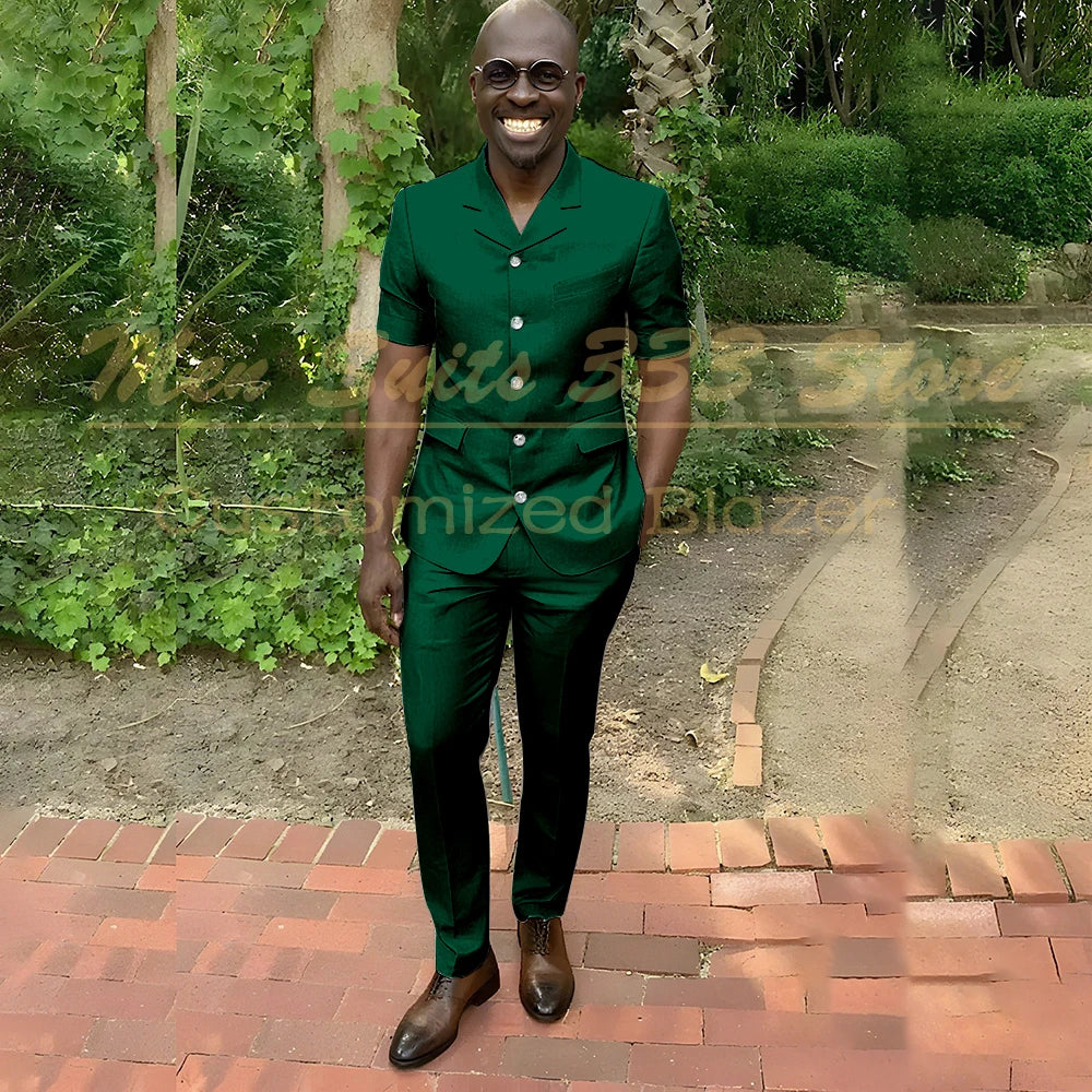 Fashion Summer Short Sleeve Men's Suits Outfits High Quality Single Breasted Notch Lapel Slim Fit 2 Piece Jacket Pants Blazer