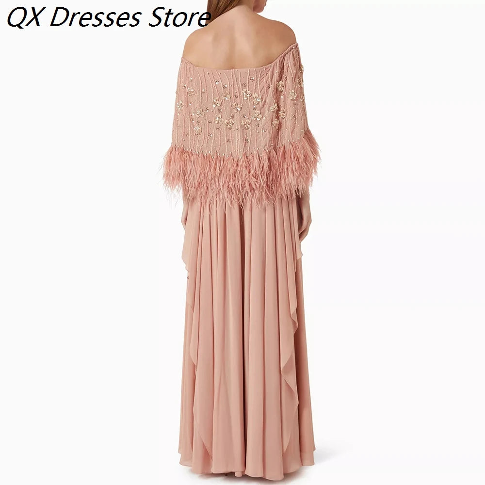 Women's A-line Evening Dresses Floor-length Off The Shoulder Sleeveless Prom Dresses Fashion Flowers Feathers Customized Gowns