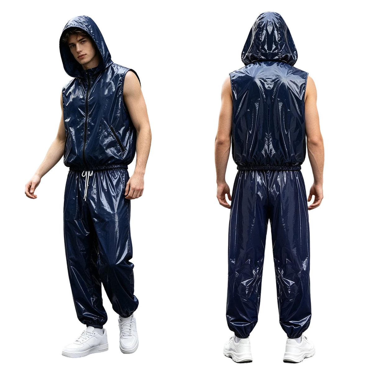 Men Waterproof Outfit Raincoat Windbreaker Sauna Suit Jacket Tops with Pants for Hip Hop Dance Sports Cycling Simmwear Clubwear