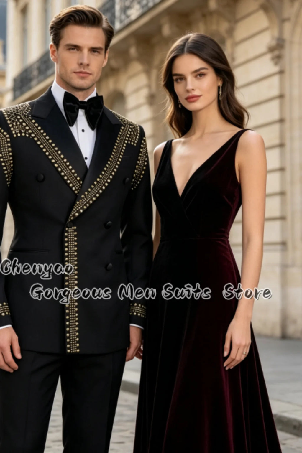 Fashion Handmade Gold Beading Men Suits Tuxedo Double‑Breasted Blazer Pants Set Groom Wedding Performance Attire 2 Pieces Custom