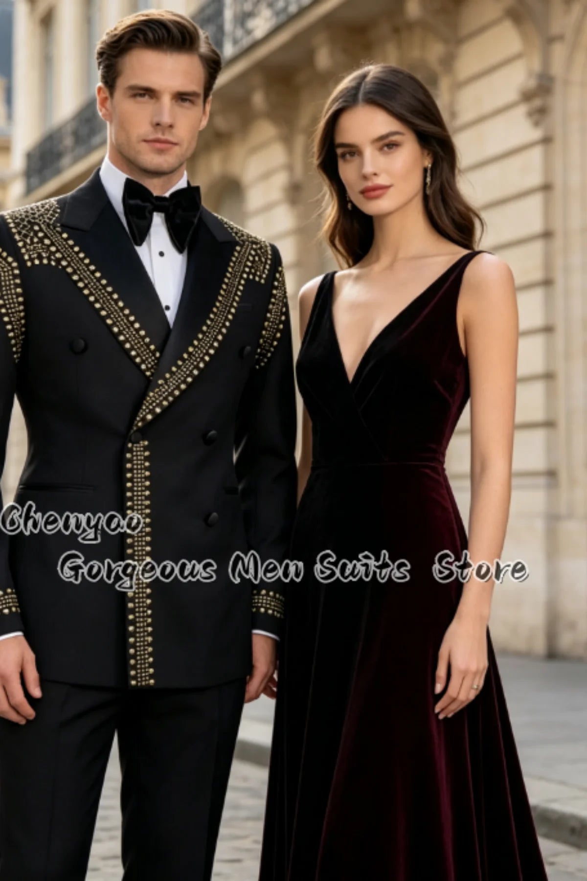 Fashion Handmade Gold Beading Men Suits Tuxedo Double‑Breasted Blazer Pants Set Groom Wedding Performance Attire 2 Pieces Custom