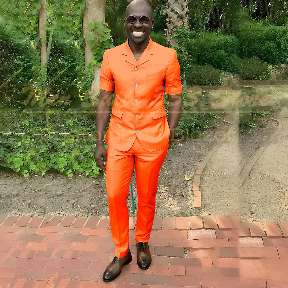 Fashion Summer Short Sleeve Men's Suits Outfits High Quality Single Breasted Notch Lapel Slim Fit 2 Piece Jacket Pants Blazer