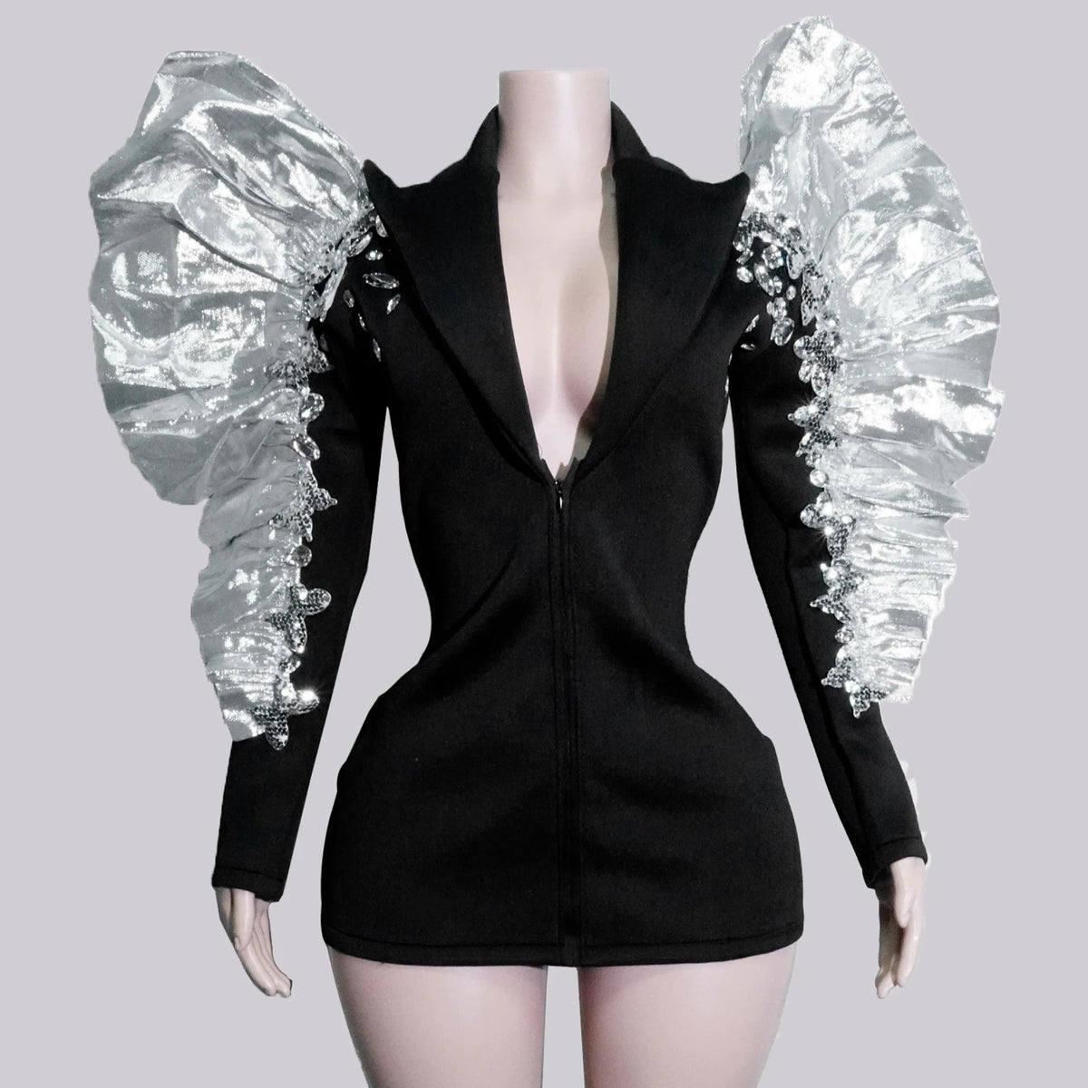 Fashion Black Suit Mirror Dress Women Long Sleeve Birthday Party Prom Stage Dance Performance Outfits Club Drag Queen Costume