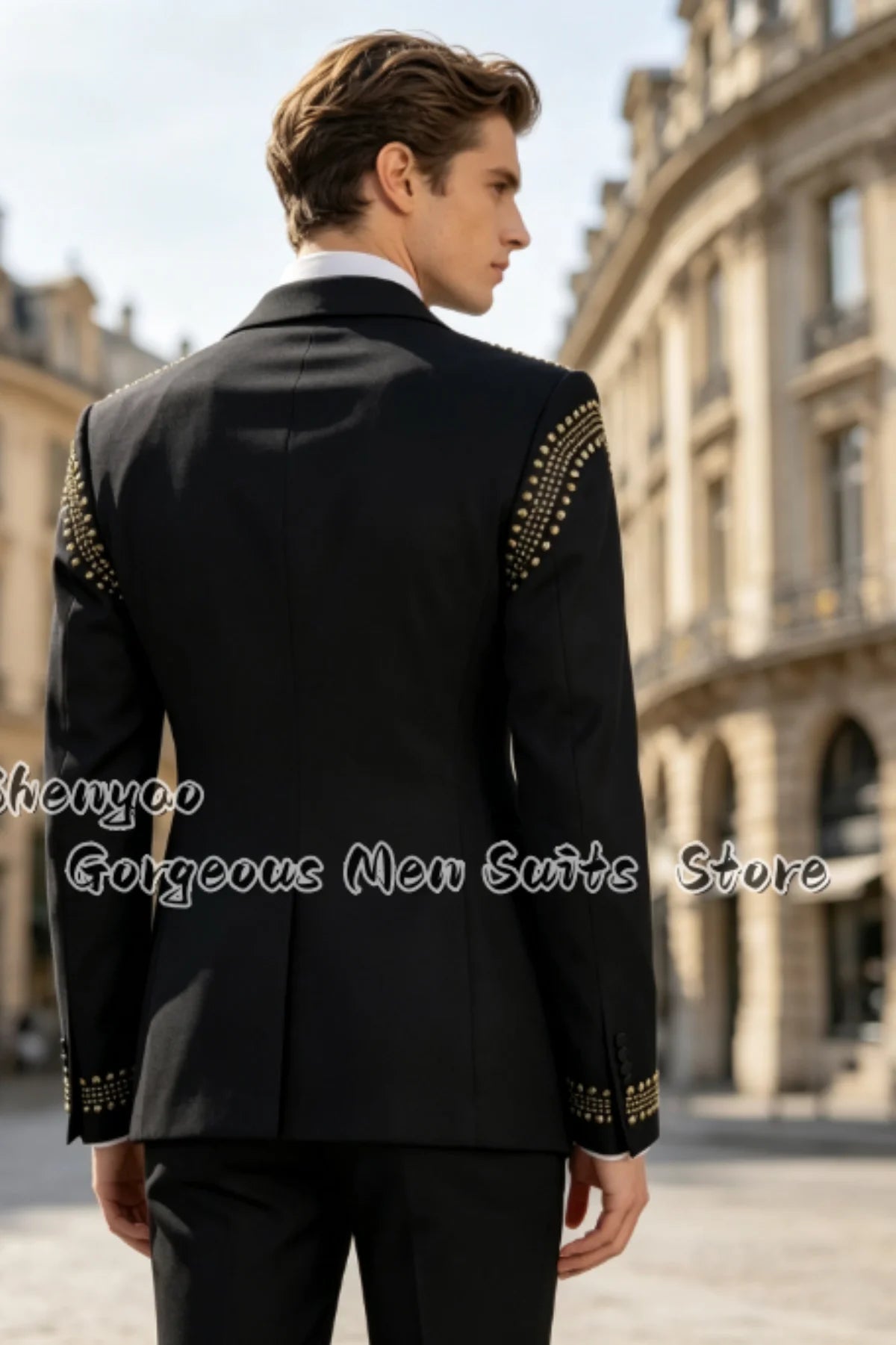 Fashion Handmade Gold Beading Men Suits Tuxedo Double‑Breasted Blazer Pants Set Groom Wedding Performance Attire 2 Pieces Custom