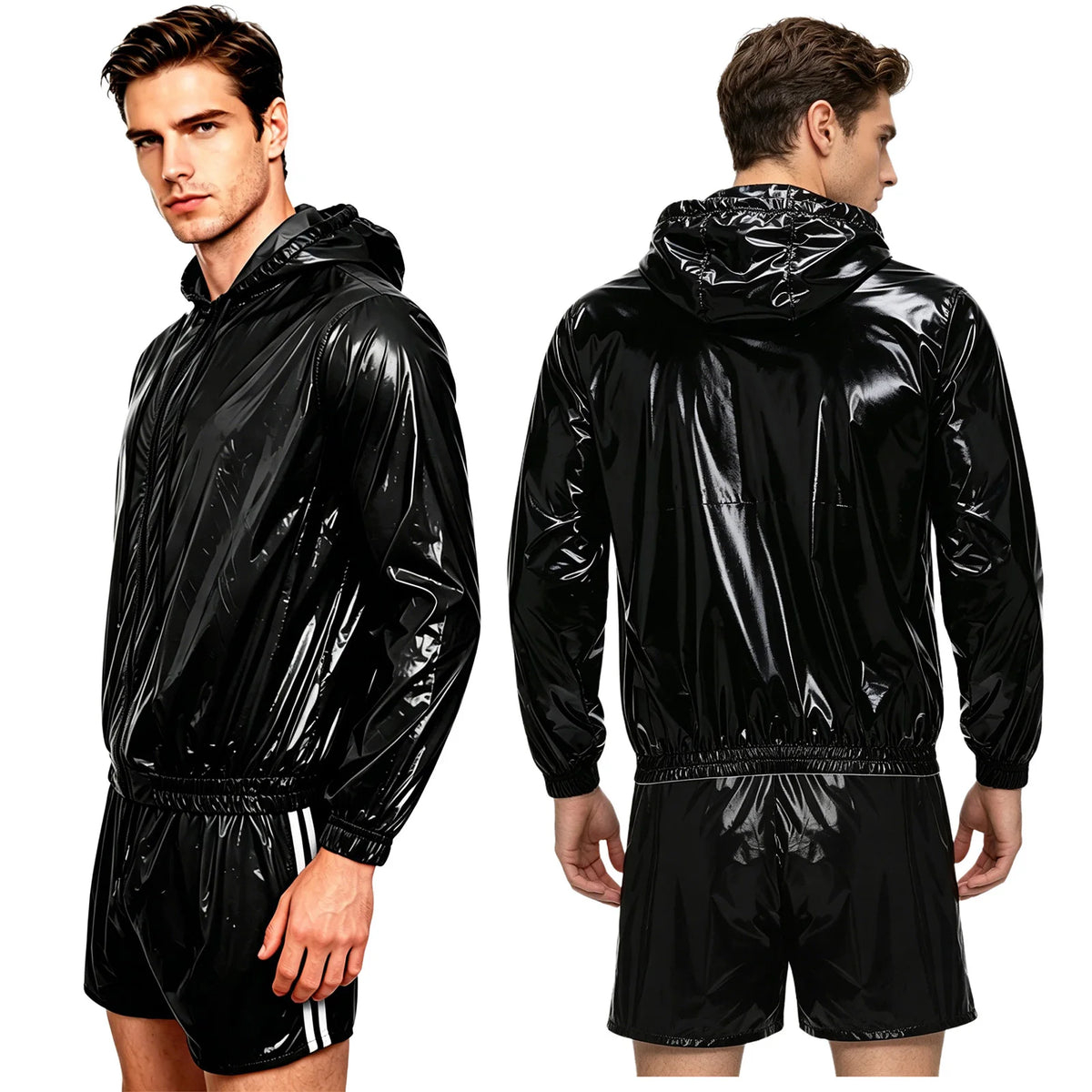 Men Waterproof Outfit Raincoat Windbreaker Sauna Suit Jacket Tops with Pants for Hip Hop Dance Sports Cycling Simmwear Clubwear