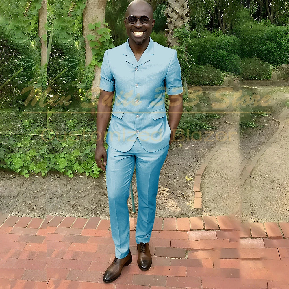 Fashion Summer Short Sleeve Men's Suits Outfits High Quality Single Breasted Notch Lapel Slim Fit 2 Piece Jacket Pants Blazer