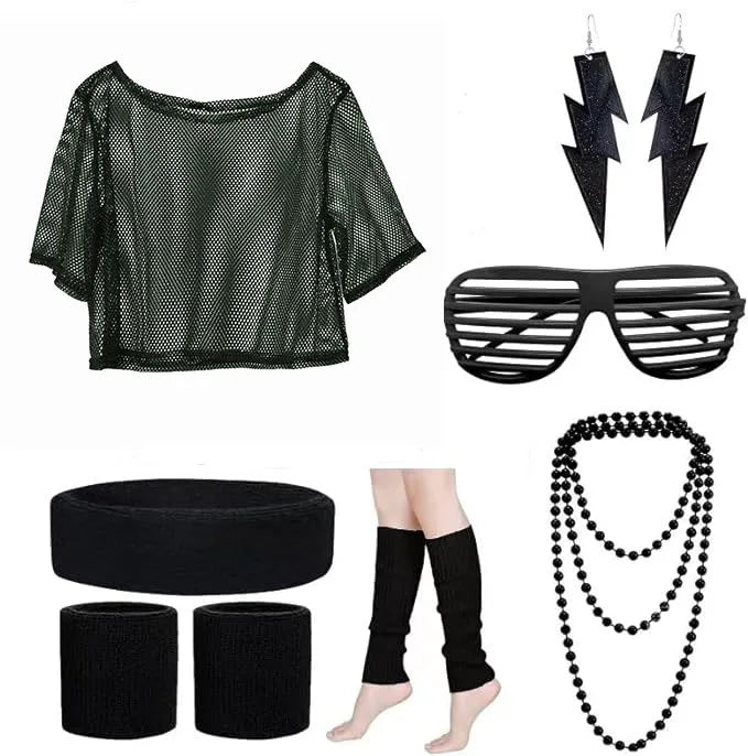 Disco Accessory Set 80S Fashion Accessories Fishnet Top Earrings Necklace Glasses Carnival Party Christmas Halloween Accessories