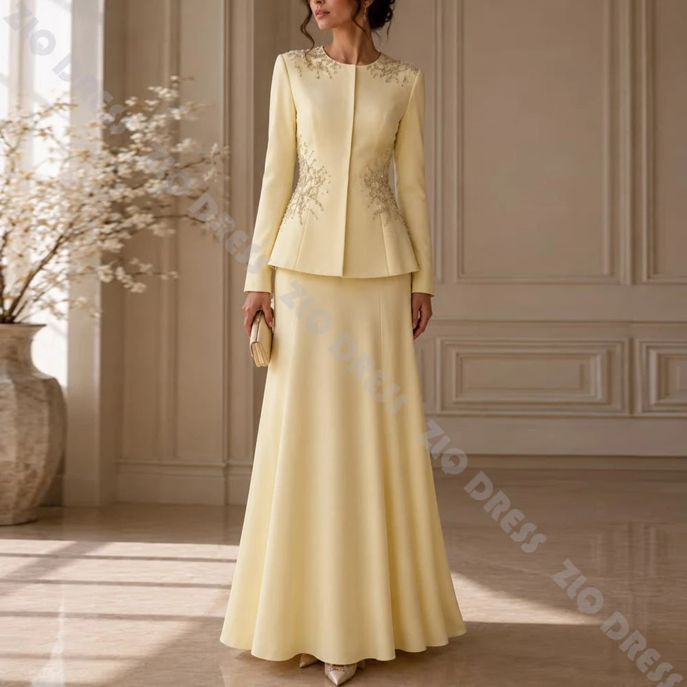 Women's Formal Evening Dresses O-Neck Full Sleeves Beading A Line Floor Length Prom Gowns Customized Wedding Guest Party Dresses